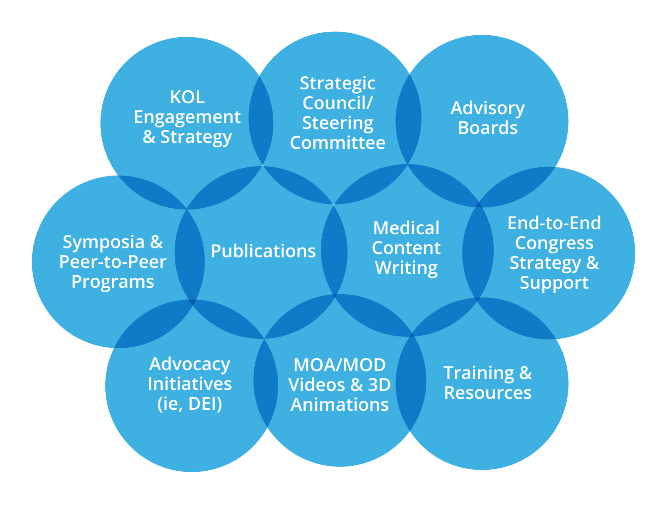 Full service medical communications agency capabilities include medical content writing, congress strategy & support, KOL engagement strategy, MOA/MOD videos and 3D animations.